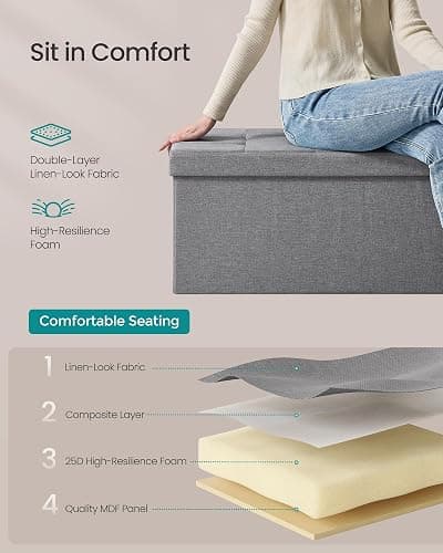 SONGMICS MAZIE Collection - 30 Inches Folding Storage Ottoman Bench, Ottoman Foot Rest, End of Bed Bench, Storage Chest, Load 660 lb, for Living Room, Bedroom, Entryway, Light Gray ULSF47G thumbnail 6