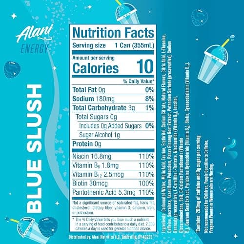Alani Nu BLUE SLUSH, Sugar Free, Low Calorie Energy Drinks, 200mg Caffeine, Biotin, B Vitamins, Zero Sugar, 10 Calories, 12 Fl Oz Cans, 12 Pack thumbnail 11