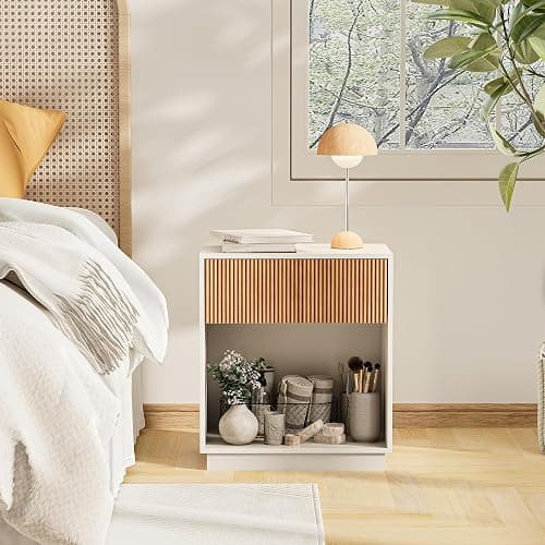 Fluted Nightstands Set of 2, Modern Bedside Table with Drawer and Storage Shelf, Wood End Table Mid Century Night Stands for Bedroom Living Room Sofa Couch Office (White+Oak) thumbnail 8