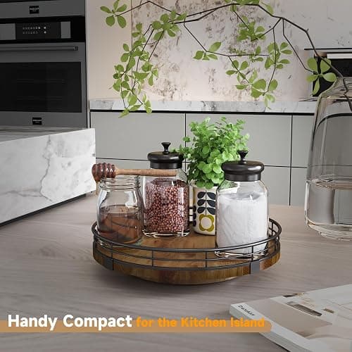 AMH 9-Inch Farmhouse Oak Lazy Susan Cabinet Organizer, Walnut Finish | Smooth rotating oak tray with walnut finish for dining tables, kitchen counters, pantries and cabinet storage. thumbnail 2