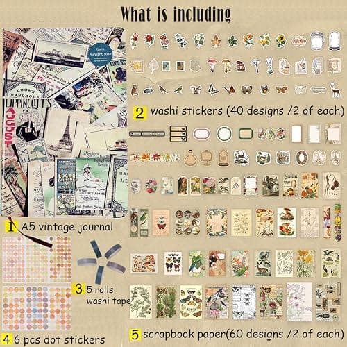 212 Pcs DIY Vintage Journal Set for Women Gifts Scrapbook Diary Supplies including Aesthetic Bullet Journals, Scrapbook Paper, Washi Stickers, Tape, Dot Stickers thumbnail 4