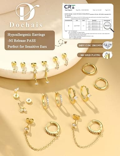 Dochais Hypoallergenic Flatback Stud Hoop 14K Gold Plated Earrings Stacks - Surgical Stainless Steel Earring Set Chain Cartilage Earrings - Small Ear Piercing Flat Back Earring for Women Trendy thumbnail 5