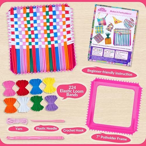 PREBOX Weaving Loom Kit Toys for Kids and Adults, Potholder Loops Crafts for Girls Ages 6 7 8 9 10 11 12, 7" Pot Holder Loom Knitting Kits and Gifts for Kids and Beginners, Make 6 Masterpieces thumbnail 9