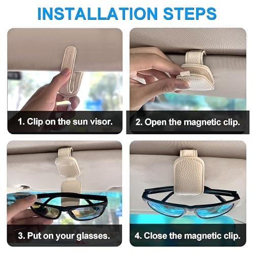 LTOHOE 2 Pack Sunglass Holder for Car, Magnetic Leather Sunglasses Holder and Ticket Card Clip, Universal for Different Size Glasses, Car Visor Accessories(Beige) thumbnail 2