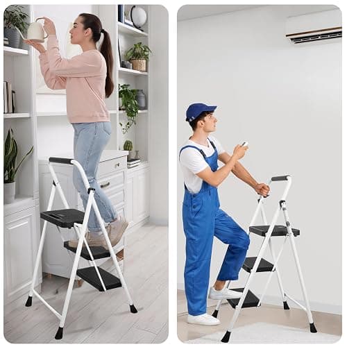 3 Step Ladder, Portable Steel Folding Step Stool with Wide Anti-Slip Pedal & Convenient Handgrip, 500lbs Sturdy Steel Ladder, White thumbnail 7