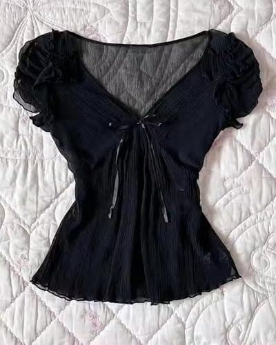 Grunge Emo Goth Shirts Y2k Lace Bow Coquette Babydoll Tops Women Vintage Graphic Tee 2000s Summer Crop Tops thumbnail 2