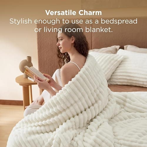 Bedsure Large Queen Fluffy Comforter Set, Cozy Fleece Cream White Bedding | Ultrasoft Ribbed Flannel Comforter, Fall & Winter Warm Bedding Set, Gift for Women, Room Decor Aesthetic, OEKO thumbnail 4