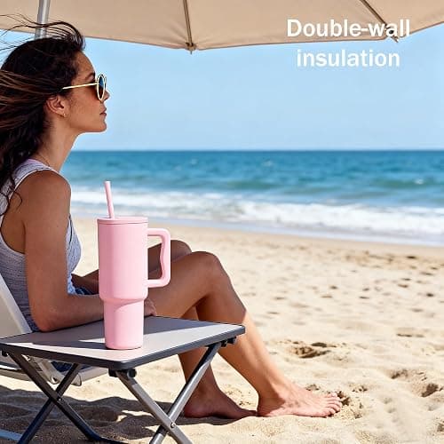 Sanilinwild 40 oz Tumbler Travel Mug Coffee Cup with Handle and Straw/Stainless Steel Double Wall Vacuum Insulated for Cold Hot Coffee -Easy to Carry-Holiday Gifts for Women Men 6PCS (Pink Dusk) thumbnail 4