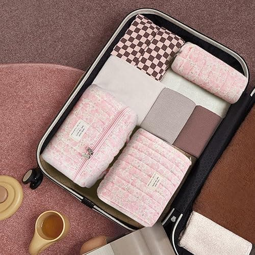 GISMTR 3Pcs Makeup Bag Cotton Quilted Travel Cosmetic Bag Cute Floral Makeup Pouch Large Toiletry Bag for Women Girls (Flowers-Pink3) thumbnail 6