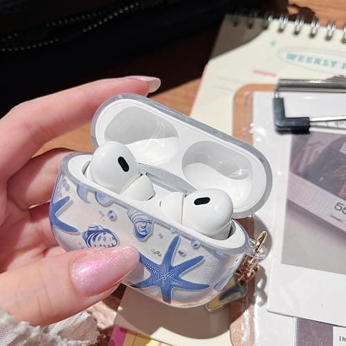 MINSCOSE Compatible with AirPods Pro 2nd/1st Generation,Cute Beautiful Seashell and Starfish Pattern Design with Keychain, Soft TPU Protective Shockproof Cover for AirPods Pro/Pro 2-Blue thumbnail 6