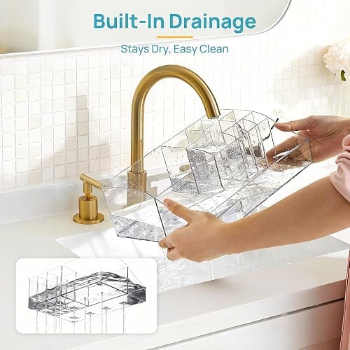 Vtopmart 5 PCS Bathroom Countertop Organizer, 1 Divided Tray with 4 Qtip Holder Jars, Restroom Clear Organizers for Toothbrush, Cotton Pads Balls, Floss, Bathroom Vanity Accessories Storage Set thumbnail 6