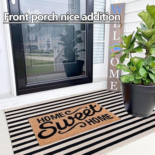 Rustaa Indoor Outdoor Rug 3x5 Front Door Mat Outdoor Cotton Welcome Mat Outdoor Farmhouse Layered Mat Washable Stripe Outdoor Mats for Entrance Front Door Porch Balcony(Black/Tan) thumbnail 2