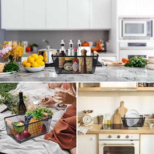 2 Pack 12" Wide Metal Mesh Baskets with Bamboo Handles for Pantry Organization | Wire Storage Bins for Kitchen, Cabinet, Fruit & Snacks | Decorative Farmhouse Style Organizer thumbnail 8