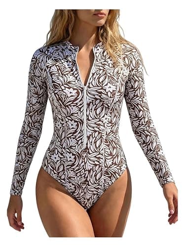 WDIRARA Women's Leopard Print Zipper Front One Piece Swimsuit Mock Neck Long Sleeve Swimwear - Image 1
