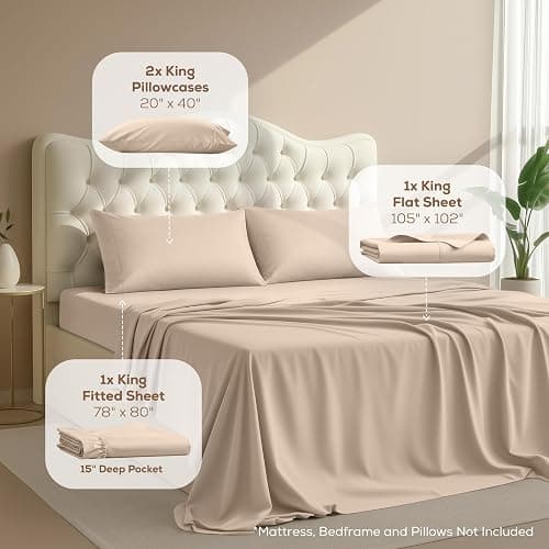 King Sheets Set, 4 Pieces 16" Deep Pocket Hotel Luxury Bed Sheets, Beige | Extra Soft Bedsheet Set, Comfy & Breathable Cooling Sheets, Wrinkle & Fade Resistant, Fitted Sheet, Flat Sheet, 2 Pillowcases thumbnail 2