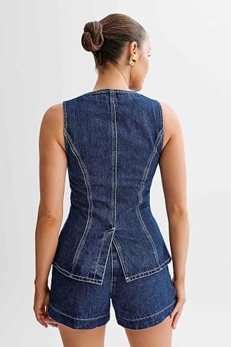 Womens Denim 2 Piece Set Sleeveless Button Down Vest Tops Short Pants Suit Sets thumbnail 4