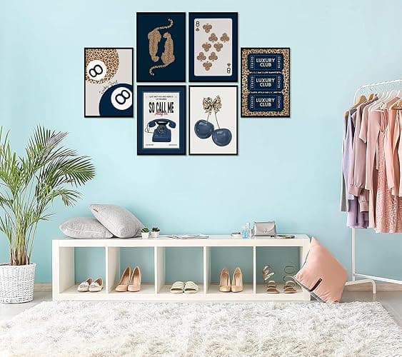6Pcs Navy Blue Trendy Leopard Canvas Wall Art Fashion Lucky 8 Ball Painting pictures Preppy Y2K Aesthetics Wall Decor Trend Cheetah Prints Artwork for College Dorm Home Decoration 8x10in Unframed thumbnail 5