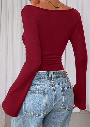 PRETTYGARDEN Womens Bell Long Sleeve Ribbed Knit Tops | Trendy Boat Neck Y2K Cropped Going Out Tops, Ruched Slim Fit Cute Garment Friendly Shirts, Fall Outfits, Fashion Clothing thumbnail 7