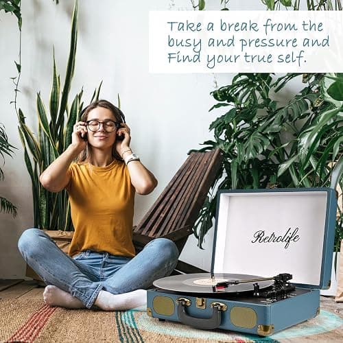 Retrolife® Record Player 3-Speed Bluetooth Portable Turntable-Coral Blue | Belt-Driven with Built-in Speakers, Wireless Bluetooth Input, RCA Out AUX In Headphone Jack, Auto-Stop, Gift for Music Lovers thumbnail 7