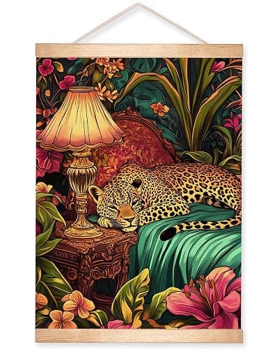 HEYJEEPER Cheetah Wall Art, Retro Jungle Aesthetic Linen Canvas Poster with Pink Mid-Century Vibes, Vintage Inspired Animal Portrait for Eclectic Decor in Living Room Bedroom or Office18.5x14Inch (Pink-Leopard02) - Image 1