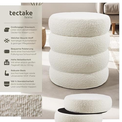 tectake® Hocker mit Stauraum, Scandi Sitzhocker Bouclé Teddy Stoff, Pouf, Polsterhocker rund für Schminktisch, Wohnzimmer Möbel, als Flur Möbel, Stauhocker Wohnen, Ø 42 x 47 cm - Bouclé Creme-weiß thumbnail 3