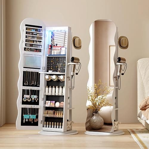 Vlsrka 360° Swivel Jewelry Aromire with Wavy Mirror, Lockable Jewelry Organizer Mirror Full Length, Rotatable Standing Mirror with Storage, Jewelry Cabinet, Interior Mirror, Flodable Shelf, White thumbnail 9