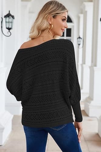 Cakulo Womens Off Shoulder Sweater Top Fall Outfits Fashion 2025 Oversized Knit Batwing Long Sleeve Crochet Flower Sweaters thumbnail 8