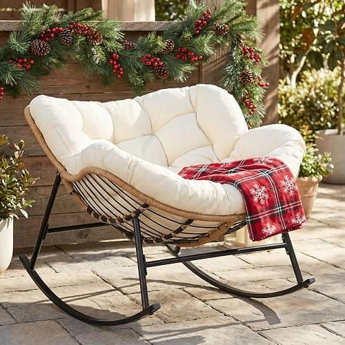 NICESOUL Papasan Rocking Chair with Cushion Indoor Outdoor, Oversized Padded Egg Rocking Chair, All-Weather Wicker Rattan Lounge Rocker, 450 lbs Capacity Glider for Living Room Balcony Porch, Beige thumbnail 8