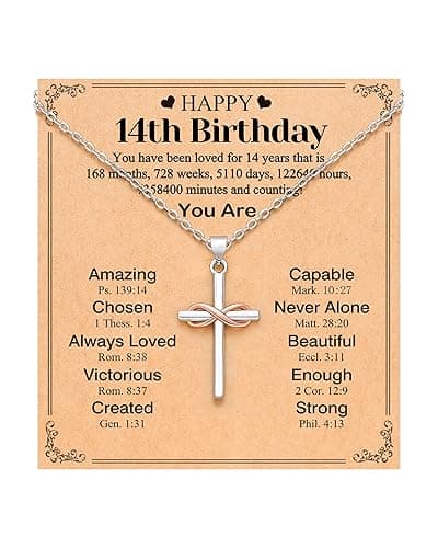 UPROMI Happy 10th/11th/12th/13th/14th/15th/16th/17th/18th/21st Birthday Gifts for Girls Her, Cross Necklace Birthday Gift Ideas - Happy 14th Birthday