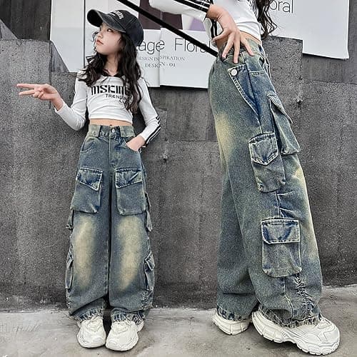 Rolanko Girls Cargo Pants Baggy Y2K Cargo Trousers Jeans Wide Leg Pants with Multi Pockets 4-15 Years - 12-14 - Multi-pockets thumbnail 4