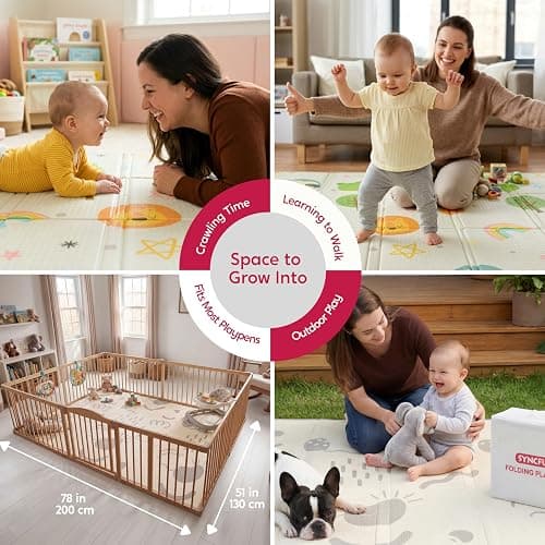 Baby Play Mat – Foldable 78"x51" XPE Foam Baby Floor Play Mat with Fabric Surface, Double-Sided Cute Print, Soft Non-Slip Tummy Time, Play Mat for Babies 0-12 Months, Nursery, Playroom, Living Room thumbnail 7