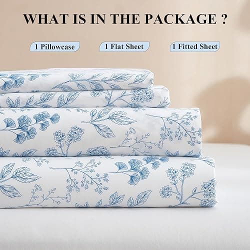 3 Piece Bed Sheets Set Twin Sheets White - Extra Soft Blue Floral Deep Pocket 16" - Luxury Soft Sheet & Pillowcase Set - Wrinkle & Shrink Resistant Cooling Sheet for Twin Size Bed thumbnail 5
