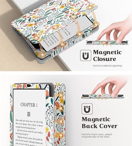 MoKo Case for 7"/6.8" Kindle Paperwhite(12th/11th Generation-2024/2021) and Kindle Colorsoft Signature Edition, Slim PU Shell Cover Case with Auto-Wake/Sleep for Kindle Paperwhite 2024, Flowers - Flowers thumbnail 6