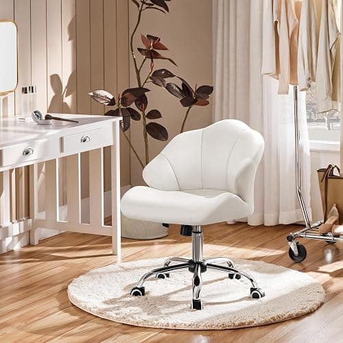 Yaheetech Cute Velvet Desk Chair Shell-Shaped Back Vanity Chairs Modern Swivel Desk with Wheels Adjustable Height for Home Office Bedroom White - White thumbnail 9