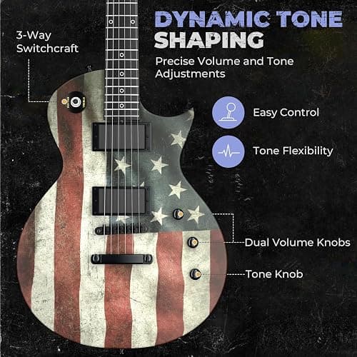 Fesley 39" LP Electric Guitar Kit: Full Size Solid Body Electric Guitars for Beginners with Humbucker Pickups,Poplar Body,Mahogany Neck,22 Frets,6 String Guitar with Gig Bag, FLP400,Matte,US Flag thumbnail 6