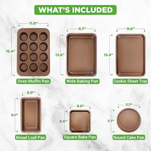 NutriChef 6-Piece Nonstick Bakeware Set, Carbon Steel Baking Pans Set, Includes Cookie Sheets, Wide & Square Bake Pans, Bread Loaf & Round Cake Pan, Muffin Pan - Gold thumbnail 2