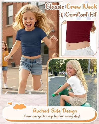 YooAurvox 3 Pack Girls Crop Tops 5-16y Short Sleeve T-Shirts Tween Girl Slim Crew Neck Ruched Casual Trendy Summer Shirts thumbnail 2