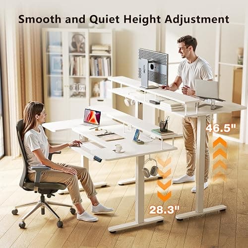 OffiGo U Shaped Electric Standing Desk with Keyboard Tray, 55 Inch Height Adjustable Desk with Power Outlets & LED Lights, Sit Stand Table with Monitor Stand for Home, Office, White thumbnail 4