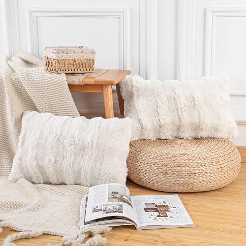 MADIZZ Pack of 2 Thick Plush Wool Throw Pillow Covers 12x20 Inch Cream Soft Neutral Decorative Throw Pillows Accent Boho Cushion Covers for Couch Sofa Bedroom Pillow Shell thumbnail 2