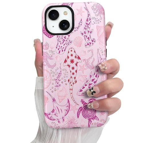 CAINAT Aesthetic Cases for iPhone 13, Pink Sharks Turtles Shells Seaweed Design, Hard Hybrid 2-Layer Protective Cover for Women Girls thumbnail 2