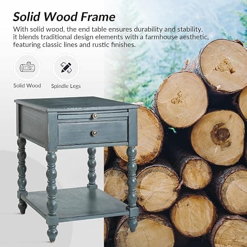 HULALA HOME Spindle Nightstands with Charging Station, Solid Wood Nightstand with Drawer Shelf, Side Table with Pull-Out Shelf (1, Blue) thumbnail 4