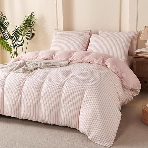 BUPIRD Pink Comforter Set Queen Size Striped 100% Soft Washed Microfiber Jacquard 3 Pieces Striped Bedding Sets Pink White Comforter Queen for All Seasons and 2 Pillowcases Comfort Breathable thumbnail 5