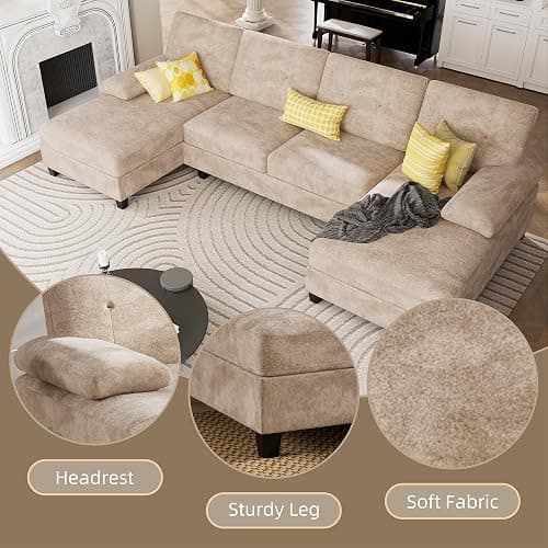 U-Shaped Sectional Couches for Living Room, 4 Seat Sofa with Double Chaise Lounges,Solid Wood Frame Sectional Sofa for Apartment,Beige thumbnail 5