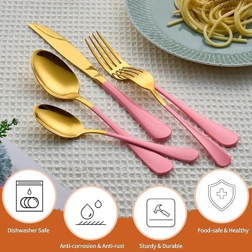 Lekoton 20 Piece Gold and Pink 18/0 Flatware Utensil Set for 4, Include Dinner Knife,Dinner Forks,Dinner Spoons,Salad Forks,Teaspoons,Silverware Set for 4, Dishwasher Safe thumbnail 5