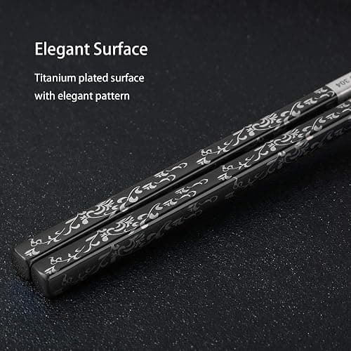 Stainless Steel Chopsticks Titanium Plated Metal Chopsticks Reusable Dishwasher safe Premium Japanese Korean Chopstick Laser Engraved Anti-slip Chop Sticks for Eating 2 Pairs Gift Set Black Silver thumbnail 2