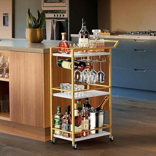 3 Tier Bar Cart Mini Liquor Utility Cart for Wine Beverage Dinner Party | Rolling Wine Coffee Drink Serving Cart with Lockable Wheels for Home Kitchen Bars (Gold) thumbnail 6