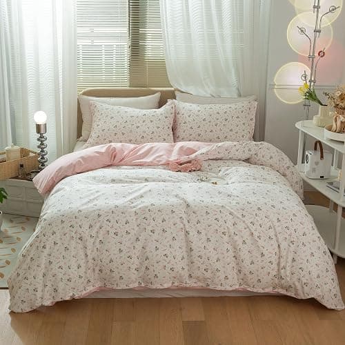 LifeTB Garden Style Duvet Cover Floral Print Bedding Sets King Pink White Floral Comforter Cover Cotton Chic Flower Print Duvet Cover for Girl Women Boho with Zipper Closure 4 Ties thumbnail 2