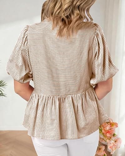 dowerme Womens Summer Tops 2026 Fashion Lantern Short Sleeve V Neck Button Peplum Shirts Spring Stripes Babydoll Blouses thumbnail 5
