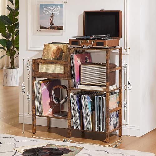 LELELINKY Record Player Stand, Vintage Brown Wood Record Holder with Vinyl Storage Holds up to 300+ Albums, 3-Tier Rattan Media Table with Vinyl Display Shelf, Record Storage Cabinet for Living Room thumbnail 2