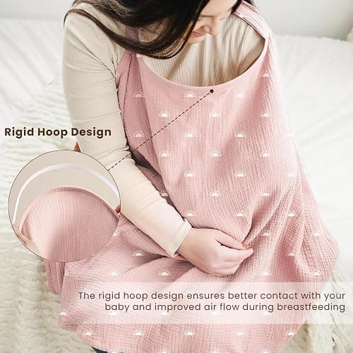 Konssy Muslin Nursing Cover Up for Breastfeeding with Rigid Hoop | 100% Cotton Nursing Apron, Lightweight & Breathable, Carseat Canopy, Breast Feeding Covers for Women thumbnail 4
